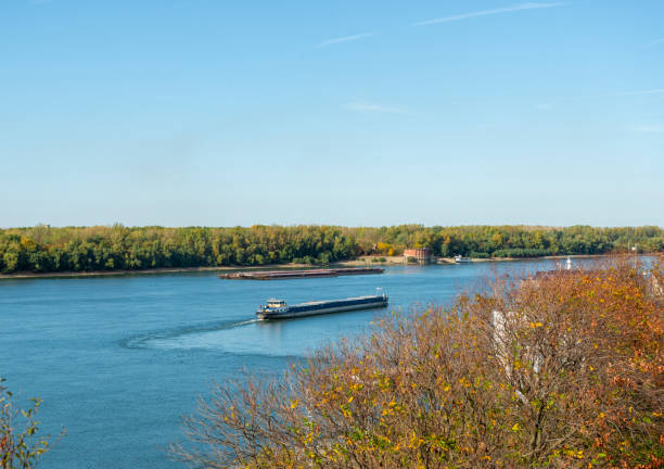 Cargo ship making u turn in Danube river on the Bulgarian side near Ruse town. Bulgaria, Europe.