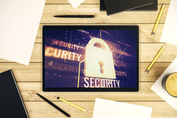 istock Creative lock sketch with chip hologram on modern digital tablet screen, protection of personal data concept. Top view. 3D Rendering 2172546984