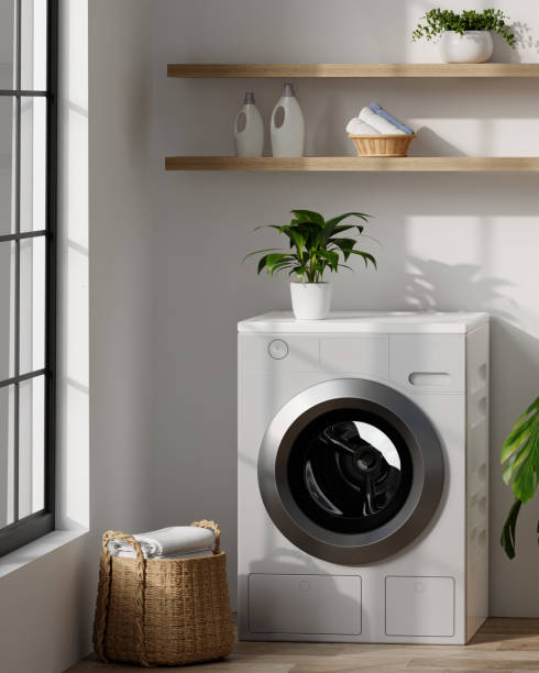 istock Sunlit Laundry Room with Washer and Shelves - Efficient Design 3D rendering 2172551037