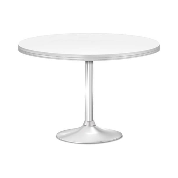 istock Round countertop table on one metal leg with round base. 3d mockup. White blank circular counter single pedestal desk. Realistic vector mock-up 2172552504