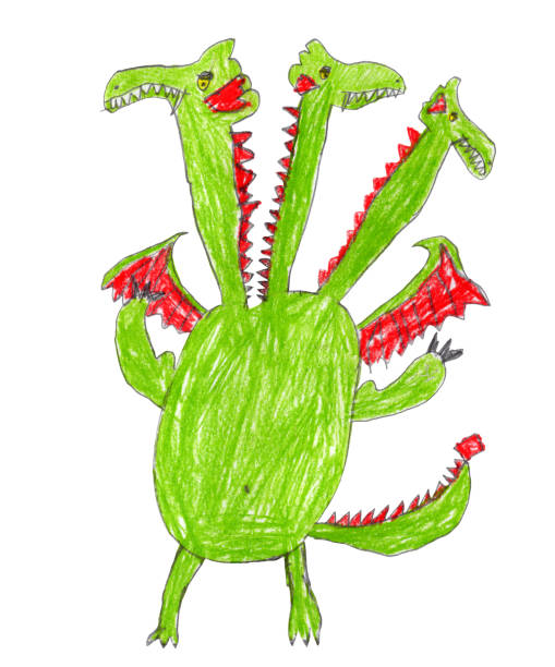 istock Hand drawn colored pencils drawing of fairy tale 3-headed dragon, isolated on a white background 2172554418