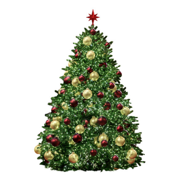 A beautifully adorned Christmas tree covered in red and gold ornaments, exuding a festive spirit. Ideal for holiday marketing, festive backgrounds, or promotional materials related to Christmas celebrations.
