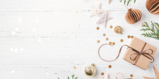 istock Festive Christmas background with gift box and Christmas decorations 2172561565