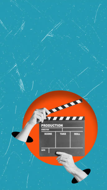 istock Modern art collage showing hands holding a clapper on a blue background with copy space. 2172567992