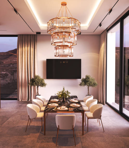 istock Elegant and modern dining room featuring a beautiful chandelier and scenic view, 3d rendering 2172568283