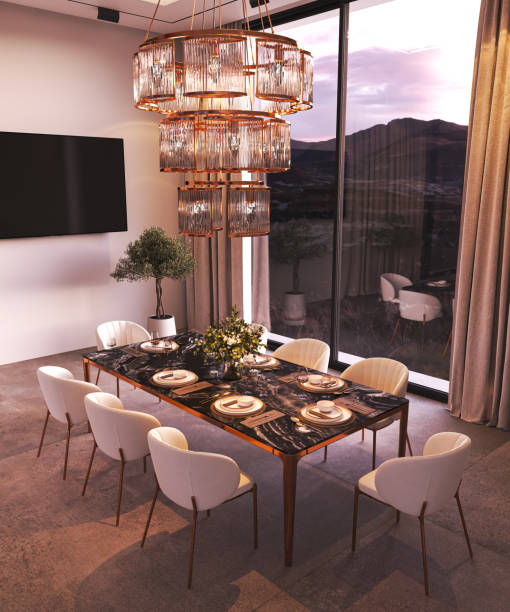 istock Elegant dining room has a modern chandelier, captivating art, and a stunning view, 3d rendering 2172568943