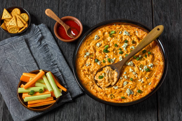 hot buffalo chicken dip in baking dish, top view