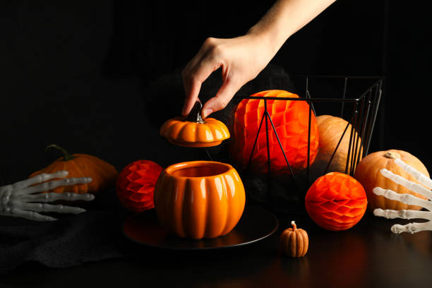 istock Set festive table for Halloween dinner with pumpkins 2172579385