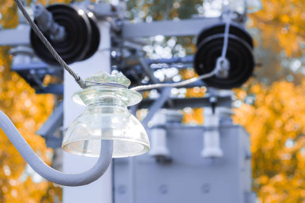 Close-up of a glass insulator used in an electrical power station, with equipment and autumn foliage in the background, showcasing the energy infrastructure.