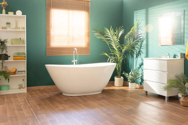 istock Cozy Empty Modern Bathroom Background Rustic Decorations And Green Plants Indoors. Interior Design 2172591629