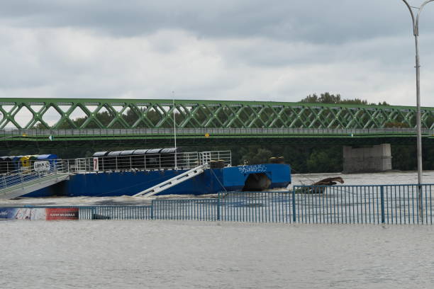View of a river tugboat with a crane loaded with logs, against the background of a blue sky with clouds. In the foreground is a rocky shore. The photo conveys the atmosphere of working on the river, transporting forests, and the summer landscape. It is perfect for illustrating river transport, logistics, industry, as well as as visual content for nature and travel websites