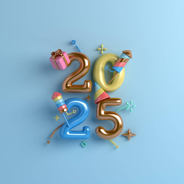 istock Happy new year 2025 decoration background with balloon, firework rocket, gift box, 3D rendering illustration 2172603122