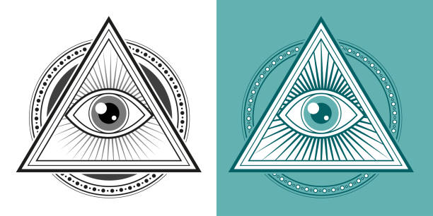 This visual represents the all-seeing eye of God, a powerful symbol often associated with sacred geometry, masonic craftsmanship, and Illuminati symbolism. Set within a sacred triangle, this symbol conveys divine knowledge, protection, and awareness. It is frequently used in logo and emblem design, representing higher wisdom and insight. The design captures the mystical and symbolic nature of the all-seeing eye, blending ancient symbolism with modern graphic design elements in a striking vector illustration.