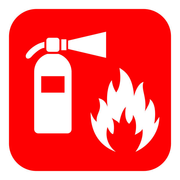 Fire extinguisher vector sign, fire safety symbol Fire extinguisher vector sign, fire safety red symbol silhouette of firefighter logo stock illustrations