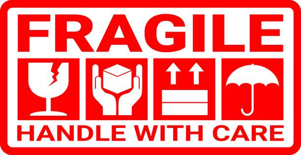 istock sticker fragile handle with care, red fragile warning label with broken glass symbol, this side up sign 2172607845