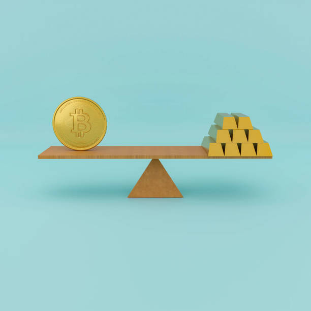 istock scale balance of bitcoin and stack gold on blue background 2172609091