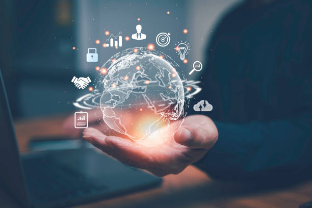 istock Man holding virtual internet globe connecting big data around the world. Internet technology for business and digital marketing. Finance and banking. Digital connectivity technology. 2172610200