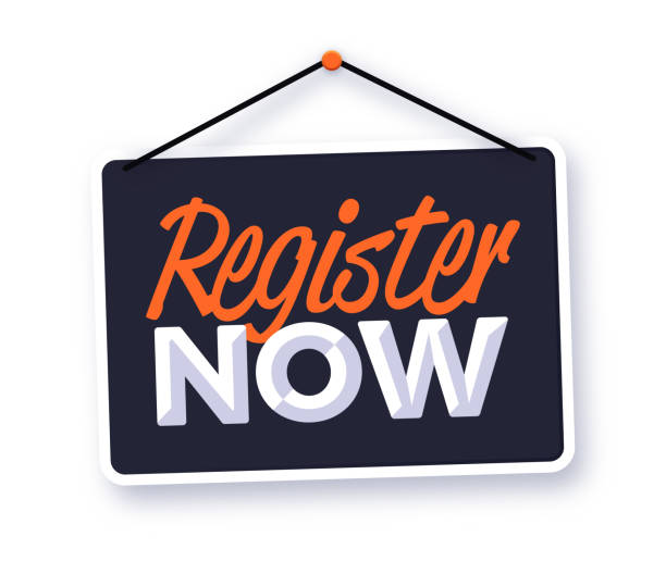 Register Now Black Hanging Sign Register now black and orange hanging reminder event workshop training class sign. voter registration stock illustrations