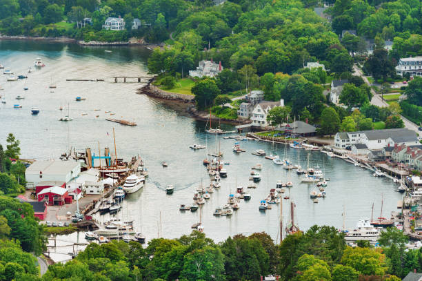 View of historic Camden town and Camden harbor, Atlantic coast of Maine, New England. USA
