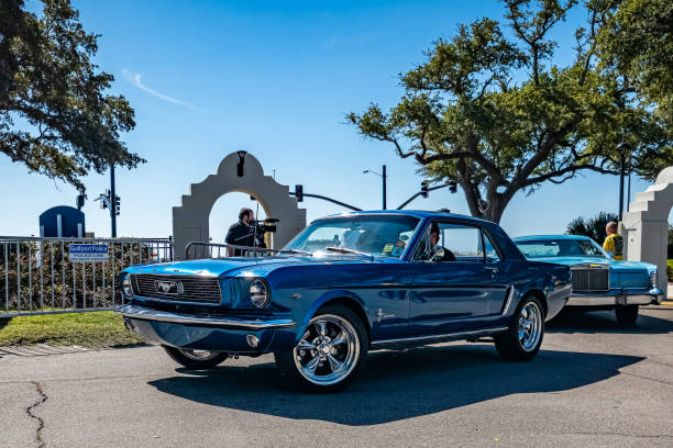 Gulfport, MS - October 02, 2023: High perspective front corner view of a 1966 Ford Mustang Hardtop at a local car show.
