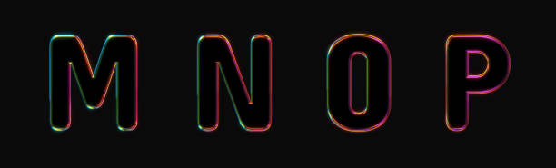 set of black 3d letters with multicolored embossed outline, black background, 3d rendering, m n o p