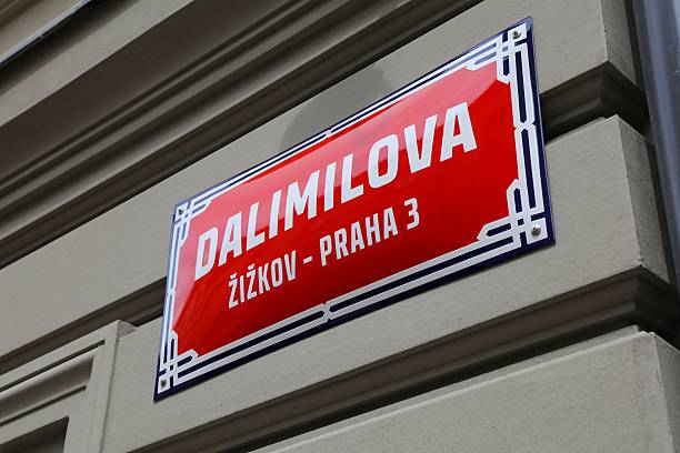 Prague street name sign - Dalimilova street in Zizkov district. Prague city, Czech Republic.