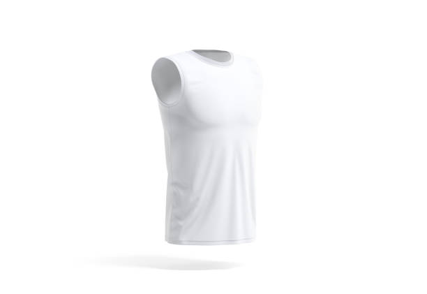 Blank white sleeveless shirt mockup, side view, 3d rendering. Empty basic jersey undershirt for exercise mock up, isolated. Clear cotton sport or casual activewear for basketball outfit template.