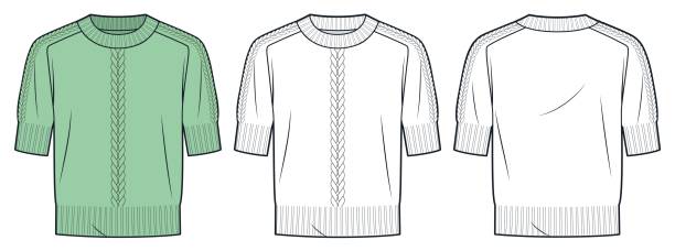 ilustraciones, imágenes clip art, dibujos animados e iconos de stock de coletas suéter ilustración técnica de moda. plantilla de dibujo técnico plano de moda jersey, corte relajado, escote redondo, manga corta, vista frontal y trasera, blanco, verde, mujeres, hombres, conjunto de maquetas cad unisex. - jersey top