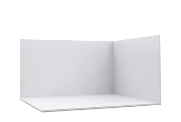 Vector 3D exhibition booth. Showroom. Square corner. Empty geometric square. Blank box template. White blank exhibition stand. Presentation event room. Vector 3D exhibition booth. Showroom. Square corner. Empty geometric square. Blank box template. White blank exhibition stand. Presentation event room. Vector illustration wall angle stock illustrations