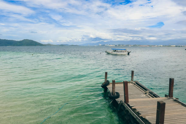 Visitors enjoy the serene beauty of Mamutik Island, surrounded by clear turquoise waters, with a small boat resting peacefully near the wooden jetty in the afternoon light.