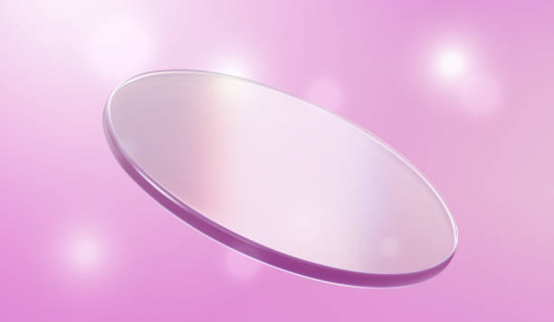 istock 3d glass flying product podium, holographic effect isolated on pink background. Render transparent glass cosmetic or award pedestal, disk stage with iridescent gradient. 3d vector figure 2172635965