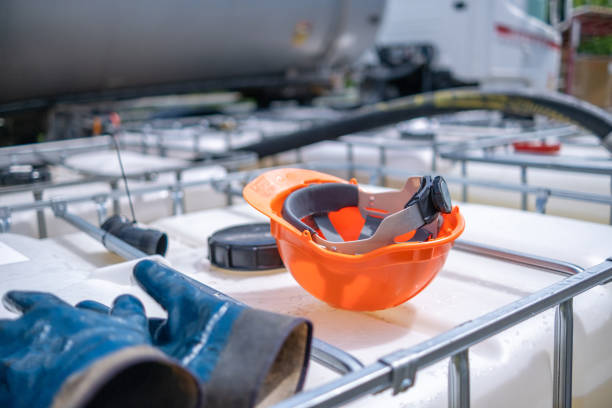 A 1000 liter IBC bulk container with safety gloves and helmet on them. During workers' rest. In the background other containers and a tank truck.
