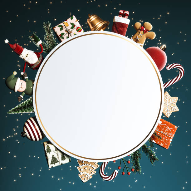 Empty white circle surrounded with Christmas decoration on green background. Christmas scene with mockup space.