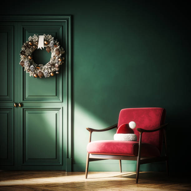 Home interior with red armchair and empty green wall background. Christmas interior design. 3D Rendering, 3D Illustration