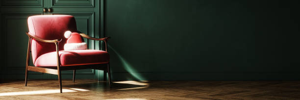 istock Home interior with red armchair and empty green wall background. Christmas interior design. 2172642546