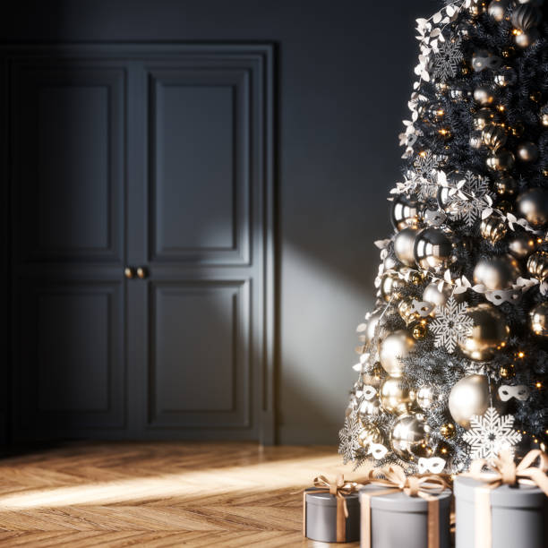 Interior design with Christmas tree and empty dark blue wall background. Christmas banner.