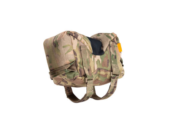 A tactical barricade bag in a camouflage pattern. The bag is designed to provide stability for firearms when shooting from barricades or uneven surfaces.Isolate on white background.