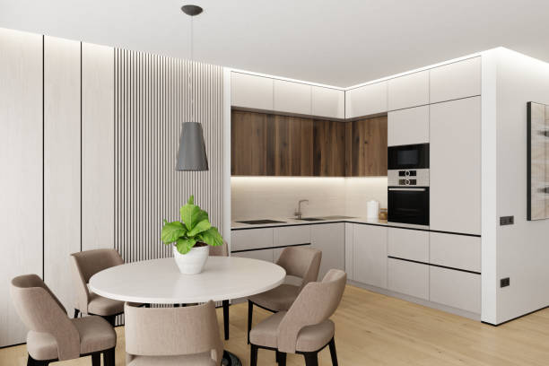 istock Modern Scandinavian Kitchen and Dining Area with White and Pine Wood Elements 2172646039