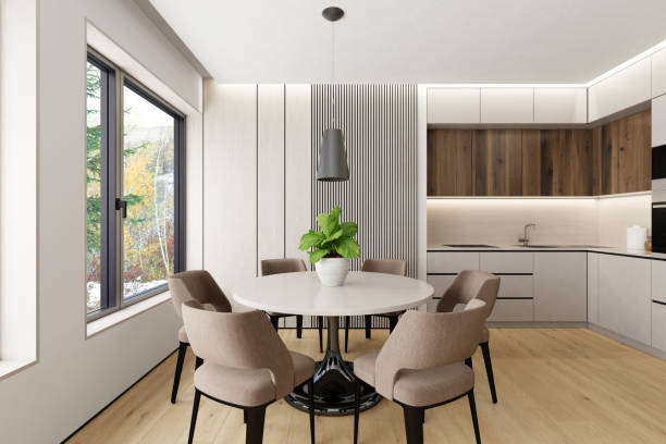 istock Modern Scandinavian Kitchen and Dining Area with White and Pine Wood Elements 2172646148
