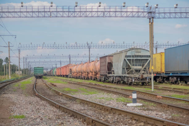 Trains of loaded freight cars at a railway station