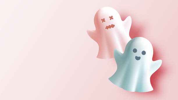 istock Two Cartoon Ghosts with Playful and Worried Expressions on Soft Pink Background 2172649091