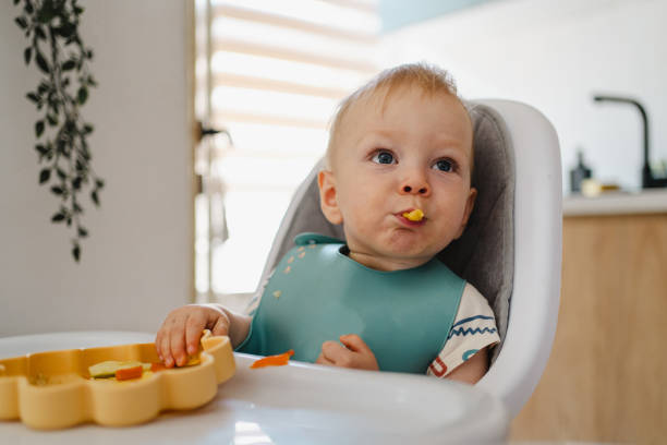 istock Baby eating while sitting in high chair in dinning room 2172652898
