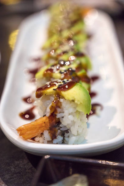 Sushi rolls with avocado in Japan restaurant