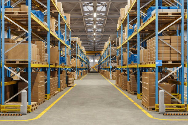 istock Distribution Warehouse With Cardboard Boxes On The Racks 2172664696