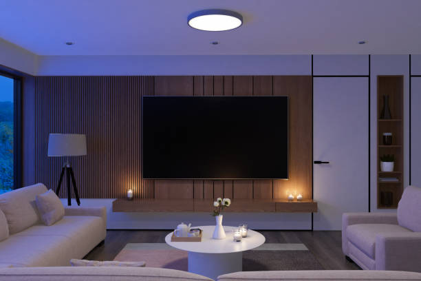 istock Cozy Scandinavian Living Room with Blue Hour Glow and Central Ceiling Light 2172674663