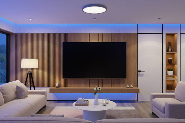 istock Modern Scandinavian Living Room with Blue LED Ambient Lighting 2172674720