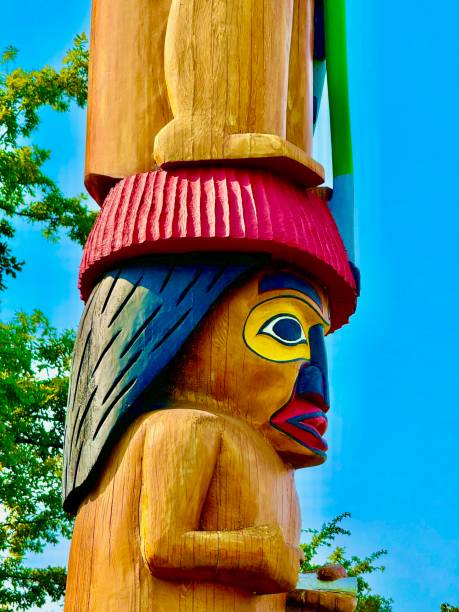 Totem poles are monuments created by First Nations of the Pacific Northwest to represent and commemorate ancestry, histories, or events.Creaded out of red cedar and erected to be visible within the community.They document stories and histories of clan members using stylised humans animals, and family crests.