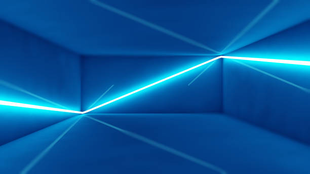 3d render, blue neon abstract background, ultraviolet light, night club empty room interior, tunnel or corridor, glowing panels, fashion podium, performance stage decorations,
