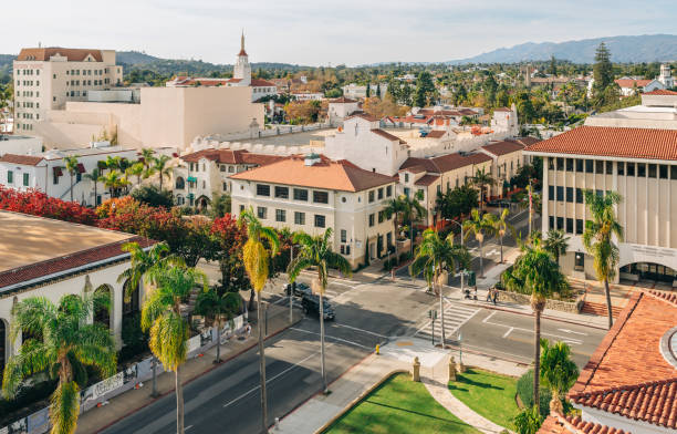 Santa Barbara Downtown, aerial view. Architecture, landscape, traffic