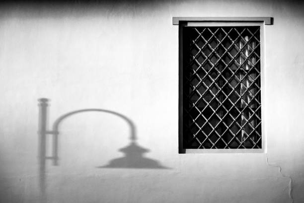 Black and white photograph of a window with lattice bars and the shadow of a vintage lamp post on a white wall.
